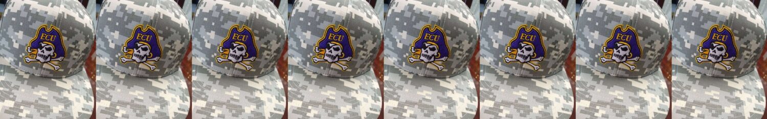 ECU Pirates digital camo hat with skull-and-crossbones patch, repeated pattern